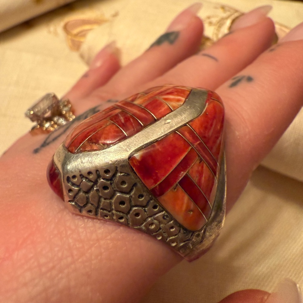 Native American Red Spiny Silver Ring - image 6